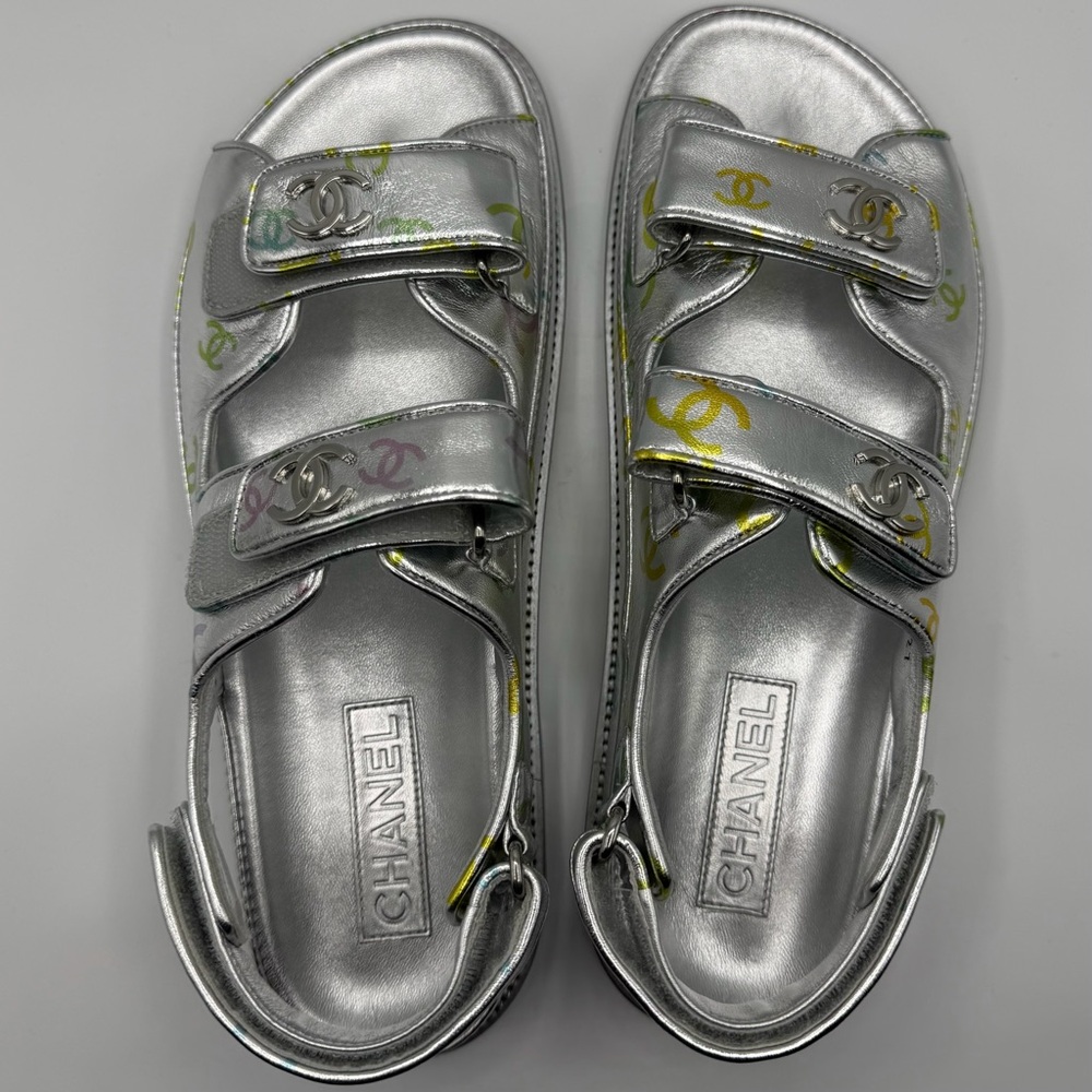 NIB NEW Chanel Silver Multicolor CC Logo Monogram Lambskin Leather Dad Sandals